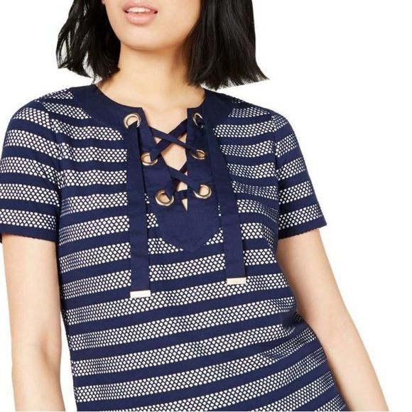 MICHAEL Michael Kors Mesh -Inset Striped Lace - Up Midi Dress NWT - Picture 3 of 11